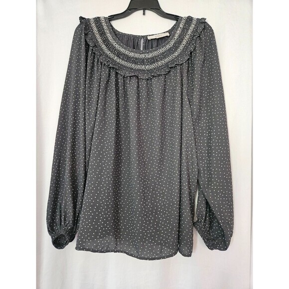 LOFT Tops - LOFT Dotted Smocked Mixed Media Blouse Size XL Gray White Ruffle